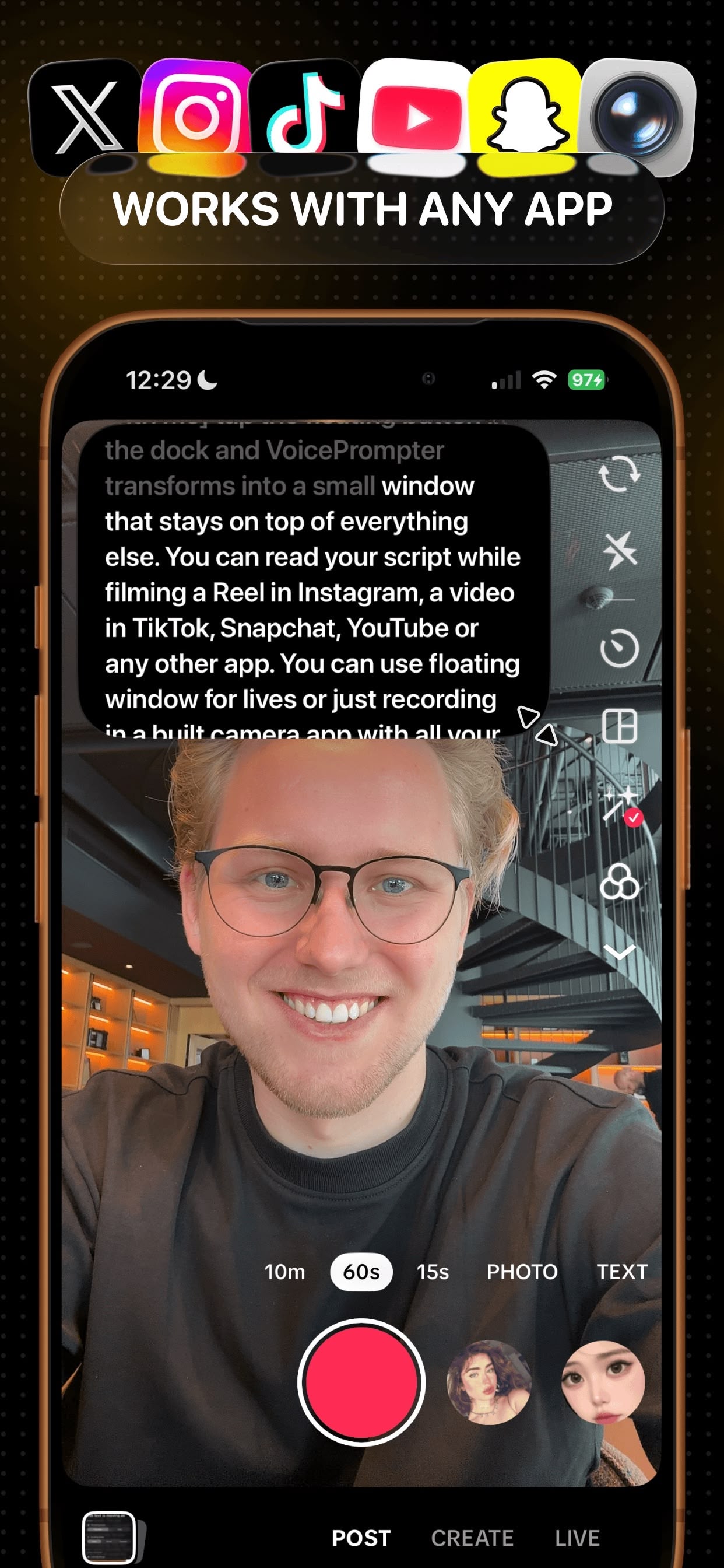 VoicePrompter floating over Instagram while filming a Reel on iPhone